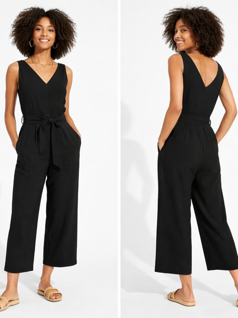 Everlane Black GoWeave Jumpsuit 12 Sleeveless Wide Leg‎ V-Neck Belted Minimalist